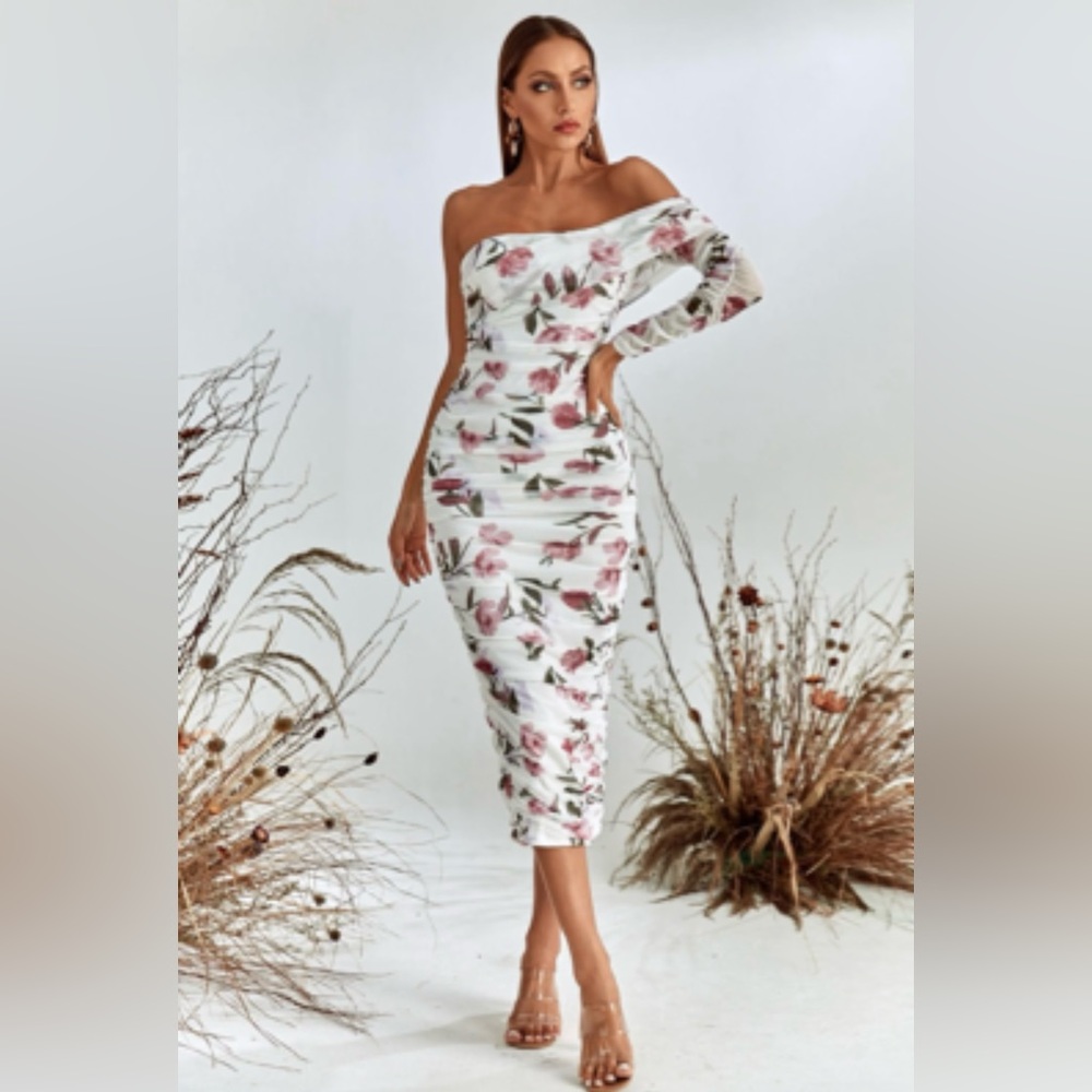 Bella barnett Grece One Shoulder white floral Mesh Midi Dress brand new